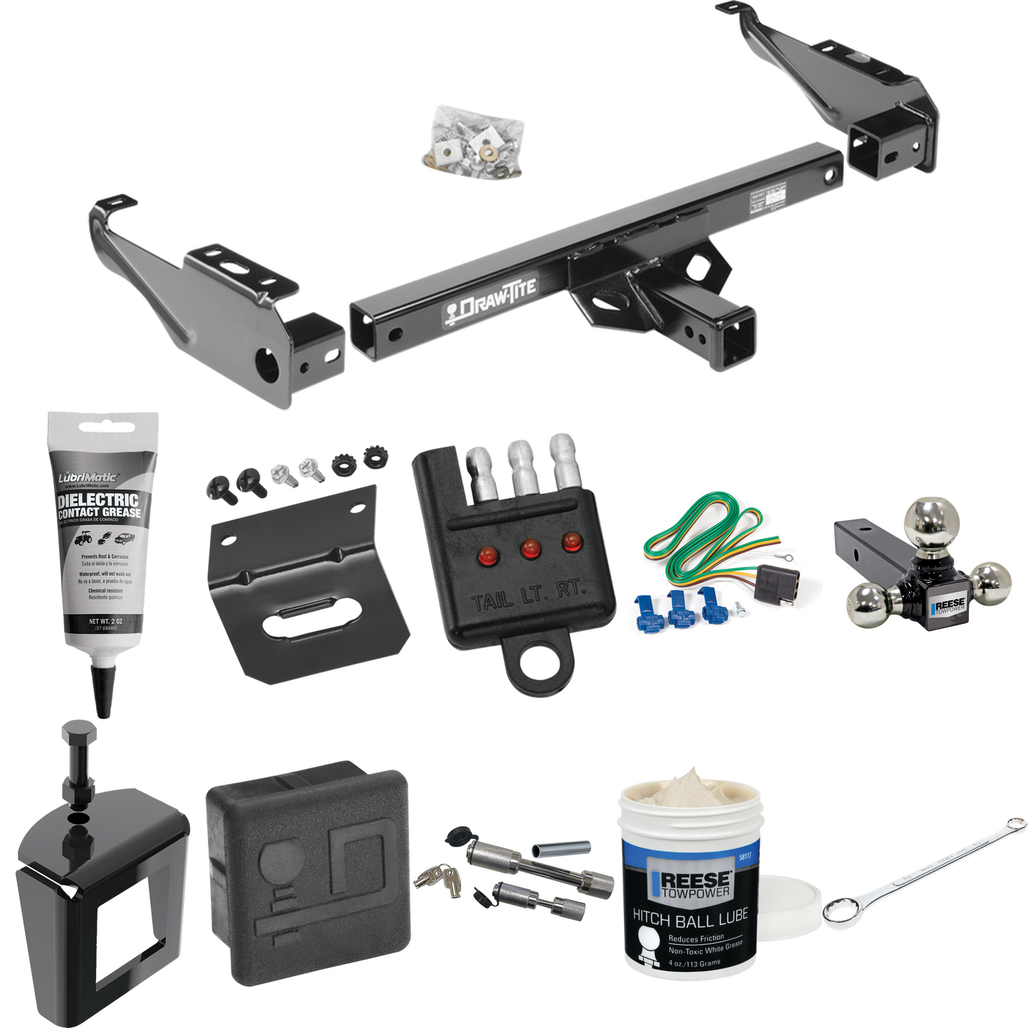 Fits 1985-1986 GMC C3500 Trailer Hitch Tow PKG w/ 4-Flat Wiring + Triple Ball Ball Mount 1-7/8" & 2" & 2-5/16" Trailer Balls + Wiring Bracket + Hitch Cover + Dual Hitch & Coupler Locks + Wiring Tester + Ball Lube + Electric Grease + Ball Wrench + Ant