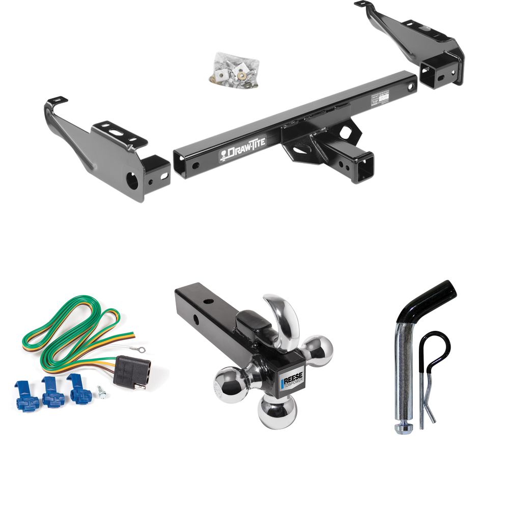 Fits 1977-1993 Dodge D150 Trailer Hitch Tow PKG w/ 4-Flat Wiring + Triple Ball Ball Mount 1-7/8" & 2" & 2-5/16" Trailer Balls w/ Tow Hook + Pin/Clip By Draw-Tite