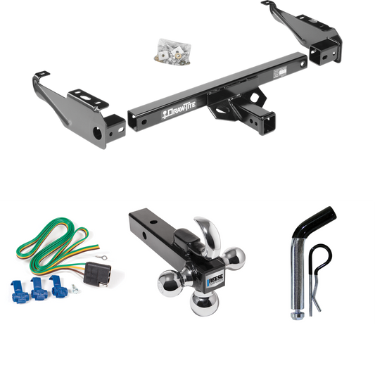 Fits 1977-1993 Dodge D150 Trailer Hitch Tow PKG w/ 4-Flat Wiring + Triple Ball Ball Mount 1-7/8" & 2" & 2-5/16" Trailer Balls w/ Tow Hook + Pin/Clip By Draw-Tite