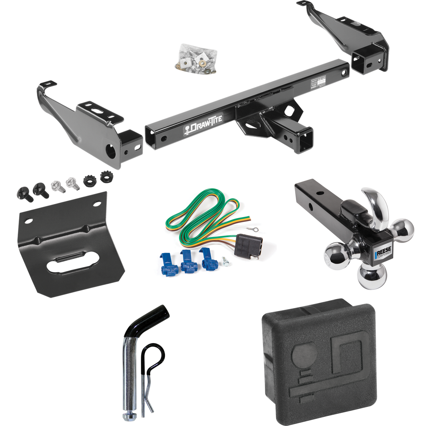 Fits 1977-1993 Dodge W150 Trailer Hitch Tow PKG w/ 4-Flat Wiring + Triple Ball Ball Mount 1-7/8" & 2" & 2-5/16" Trailer Balls w/ Tow Hook + Pin/Clip + Wiring Bracket + Hitch Cover By Draw-Tite