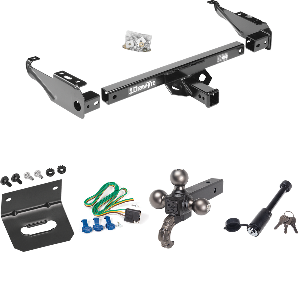 Fits 1980-1986 Ford F-150 Trailer Hitch Tow PKG w/ 4-Flat Wiring + Tactical Triple Ball Ball Mount 1-7/8" & 2" & 2-5/16" Balls & Tow Hook + Tactical Dogbone Lock + Wiring Bracket (Excludes: w/Custom Fascia Models) By Draw-Tite