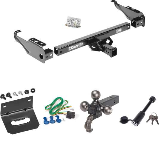 Fits 1985-1986 Chevrolet C10 Trailer Hitch Tow PKG w/ 4-Flat Wiring + Tactical Triple Ball Ball Mount 1-7/8" & 2" & 2-5/16" Balls & Tow Hook + Tactical Dogbone Lock + Wiring Bracket By Draw-Tite