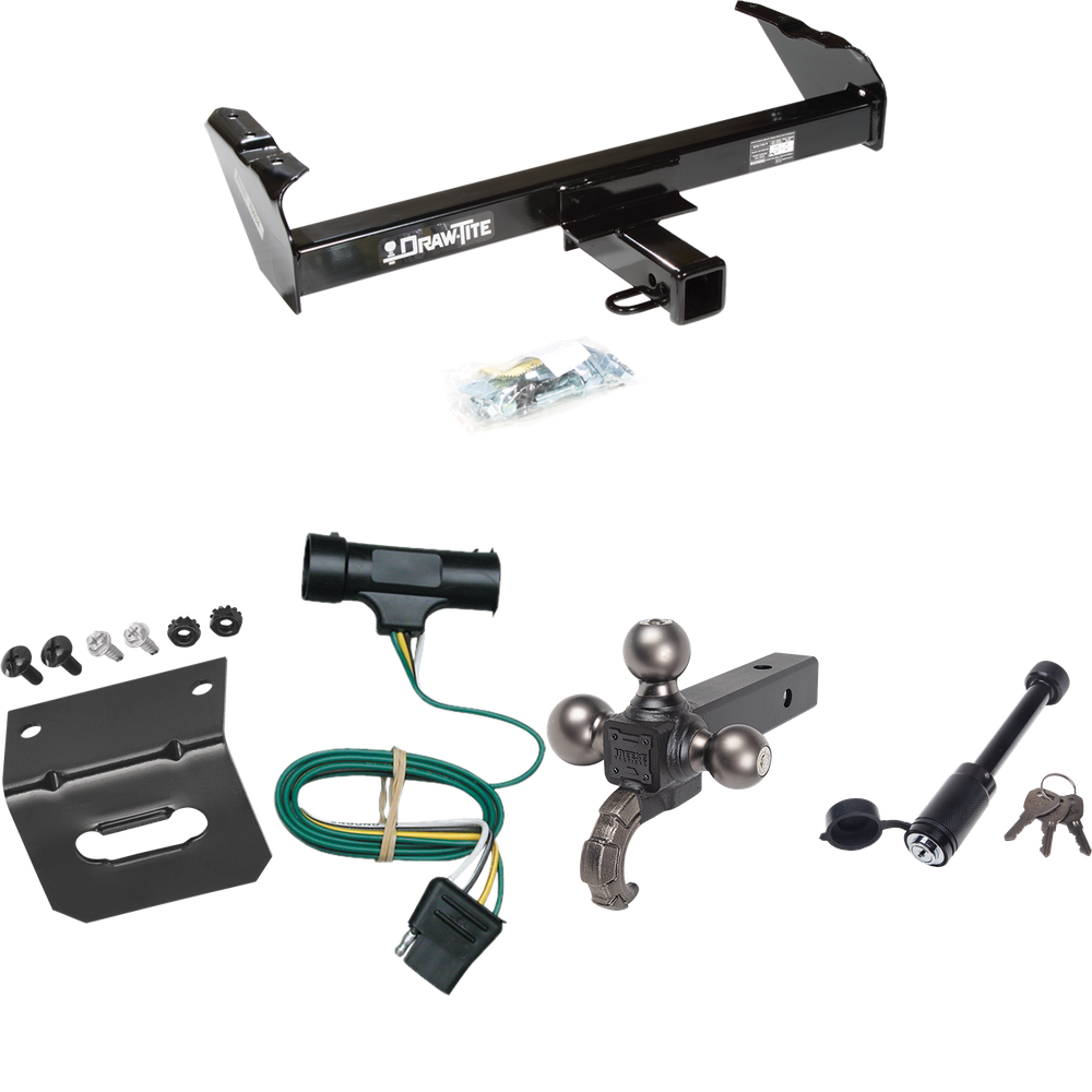 Fits 1975-1978 GMC C15 Trailer Hitch Tow PKG w/ 4-Flat Wiring + Triple Ball Tactical Ball Mount 1-7/8" & 2" & 2-5/16" Balls w/ Tow Hook + Tactical Dogbone Lock + Wiring Bracket By Draw-Tite