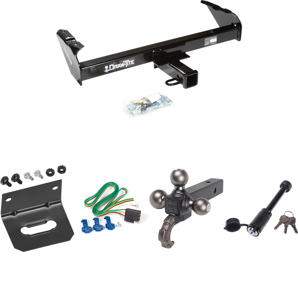 Fits 1985-1986 Chevrolet K20 Trailer Hitch Tow PKG w/ 4-Flat Wiring + Triple Ball Tactical Ball Mount 1-7/8" & 2" & 2-5/16" Balls w/ Tow Hook + Tactical Dogbone Lock + Wiring Bracket By Draw-Tite