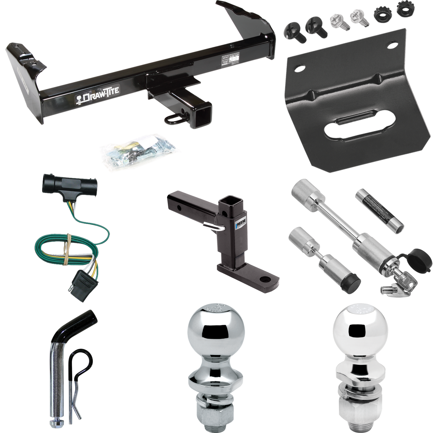 Fits 1973-1984 Chevrolet K10 Trailer Hitch Tow PKG w/ 4-Flat Wiring Harness + Adjustable Drop Rise Ball Mount + Pin/Clip + 2" Ball + 1-7/8" Ball + Dual Hitch & Coupler Locks By Draw-Tite