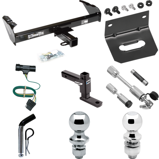 Fits 1973-1984 Chevrolet K10 Trailer Hitch Tow PKG w/ 4-Flat Wiring Harness + Adjustable Drop Rise Ball Mount + Pin/Clip + 2" Ball + 1-7/8" Ball + Dual Hitch & Coupler Locks By Draw-Tite