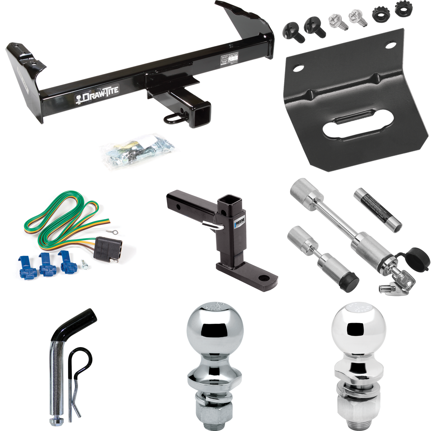 Se adapta al paquete de remolque con enganche para remolque Ford F-250 1963-1972 con arnés de cableado plano de 4 + soporte de bola ajustable + pasador/clip + bola de 2" + bola de 1-7/8" + enganche doble y bloqueos de acoplador por sorteo. tite