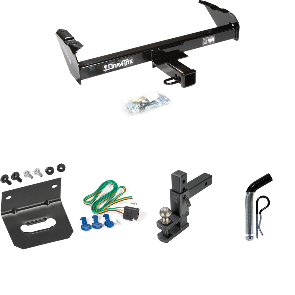 Fits 1985-1986 GMC K3500 Trailer Hitch Tow PKG w/ 4-Flat Wiring Harness + Adjustable Drop Rise Clevis Hitch Ball Mount w/ 2" Ball + Pin/Clip + Wiring Bracket By Draw-Tite