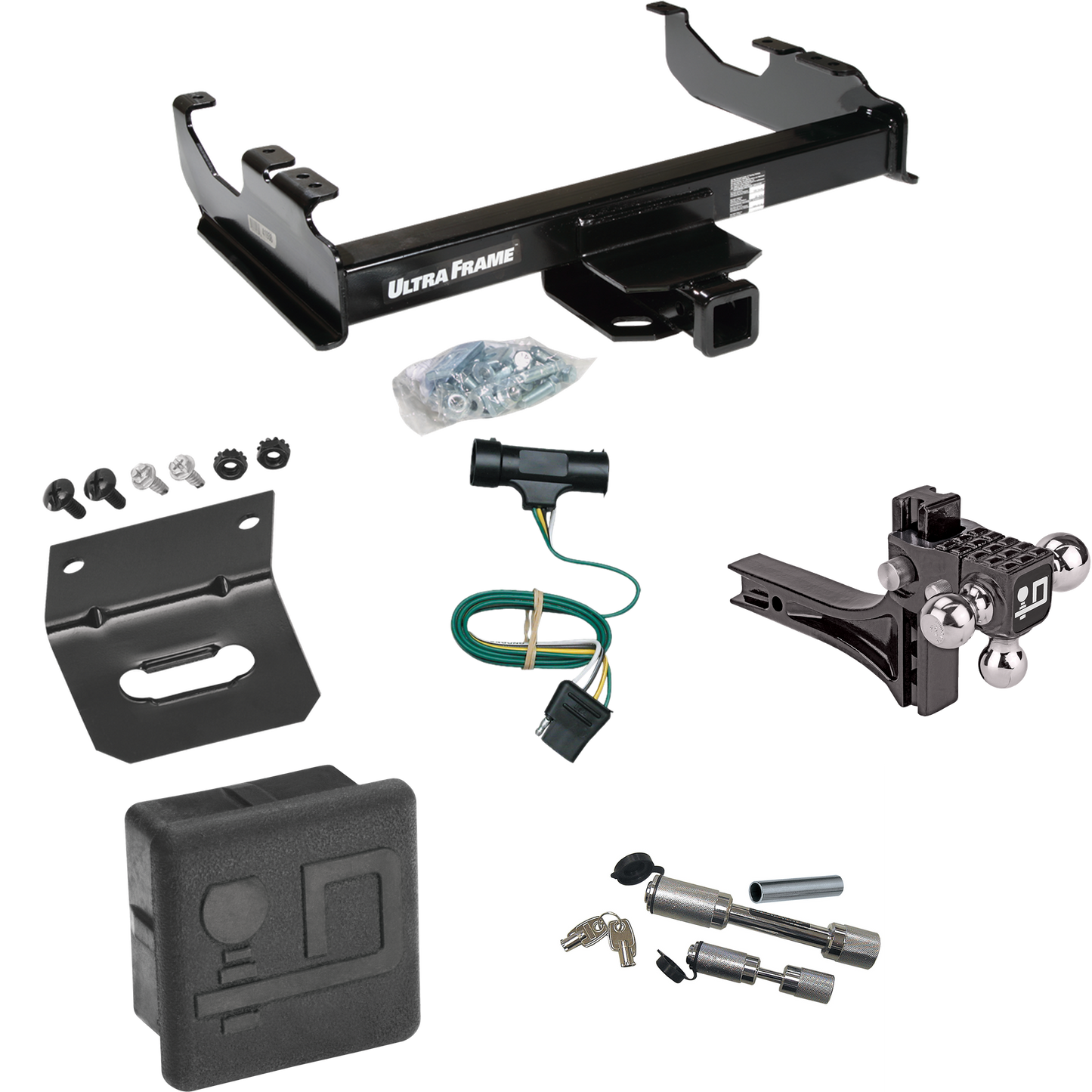 Fits 1975-1978 GMC C15 Trailer Hitch Tow PKG w/ 4-Flat Wiring Harness + Adjustable Drop Rise Triple Ball Ball Mount 1-7/8" & 2" & 2-5/16" Trailer Balls + Dual Hitch & Coupler Locks + Hitch Cover + Wiring Bracket By Draw-Tite