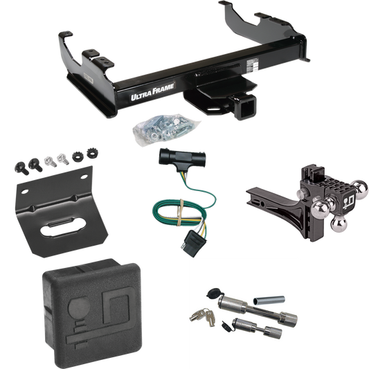 Fits 1975-1978 GMC C15 Trailer Hitch Tow PKG w/ 4-Flat Wiring Harness + Adjustable Drop Rise Triple Ball Ball Mount 1-7/8" & 2" & 2-5/16" Trailer Balls + Dual Hitch & Coupler Locks + Hitch Cover + Wiring Bracket By Draw-Tite