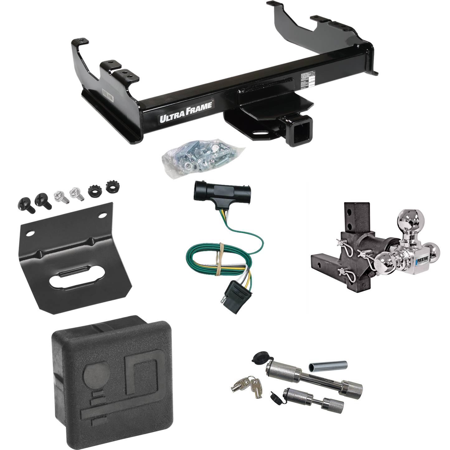 Fits 1973-1984 Chevrolet C30 Trailer Hitch Tow PKG w/ 4-Flat Wiring Harness + Adjustable Drop Rise Triple Ball Ball Mount 1-7/8" & 2" & 2-5/16" Trailer Balls + Dual Hitch & Coupler Locks + Hitch Cover + Wiring Bracket By Draw-Tite