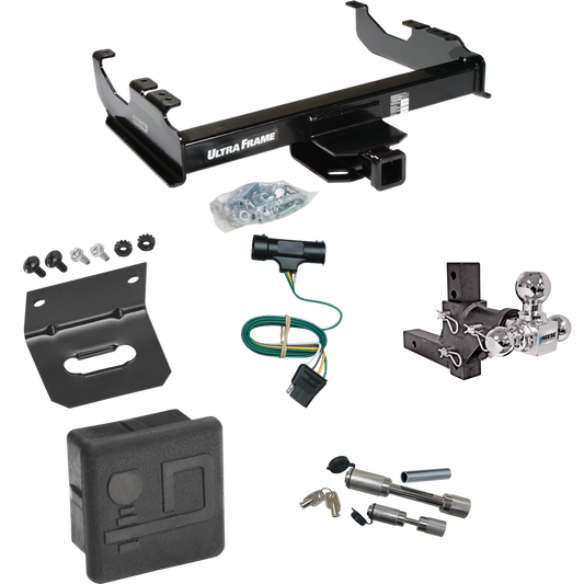 Fits 1973-1984 Chevrolet C30 Trailer Hitch Tow PKG w/ 4-Flat Wiring Harness + Adjustable Drop Rise Triple Ball Ball Mount 1-7/8" & 2" & 2-5/16" Trailer Balls + Dual Hitch & Coupler Locks + Hitch Cover + Wiring Bracket By Draw-Tite