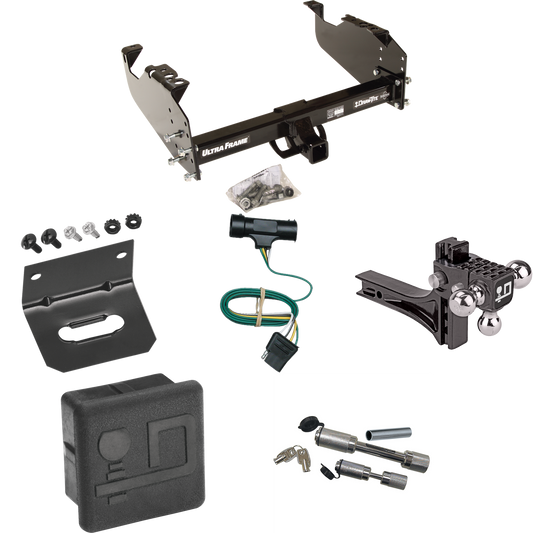 Fits 1973-1984 Chevrolet C10 Trailer Hitch Tow PKG w/ 4-Flat Wiring Harness + Adjustable Drop Rise Triple Ball Ball Mount 1-7/8" & 2" & 2-5/16" Trailer Balls + Dual Hitch & Coupler Locks + Hitch Cover + Wiring Bracket By Draw-Tite