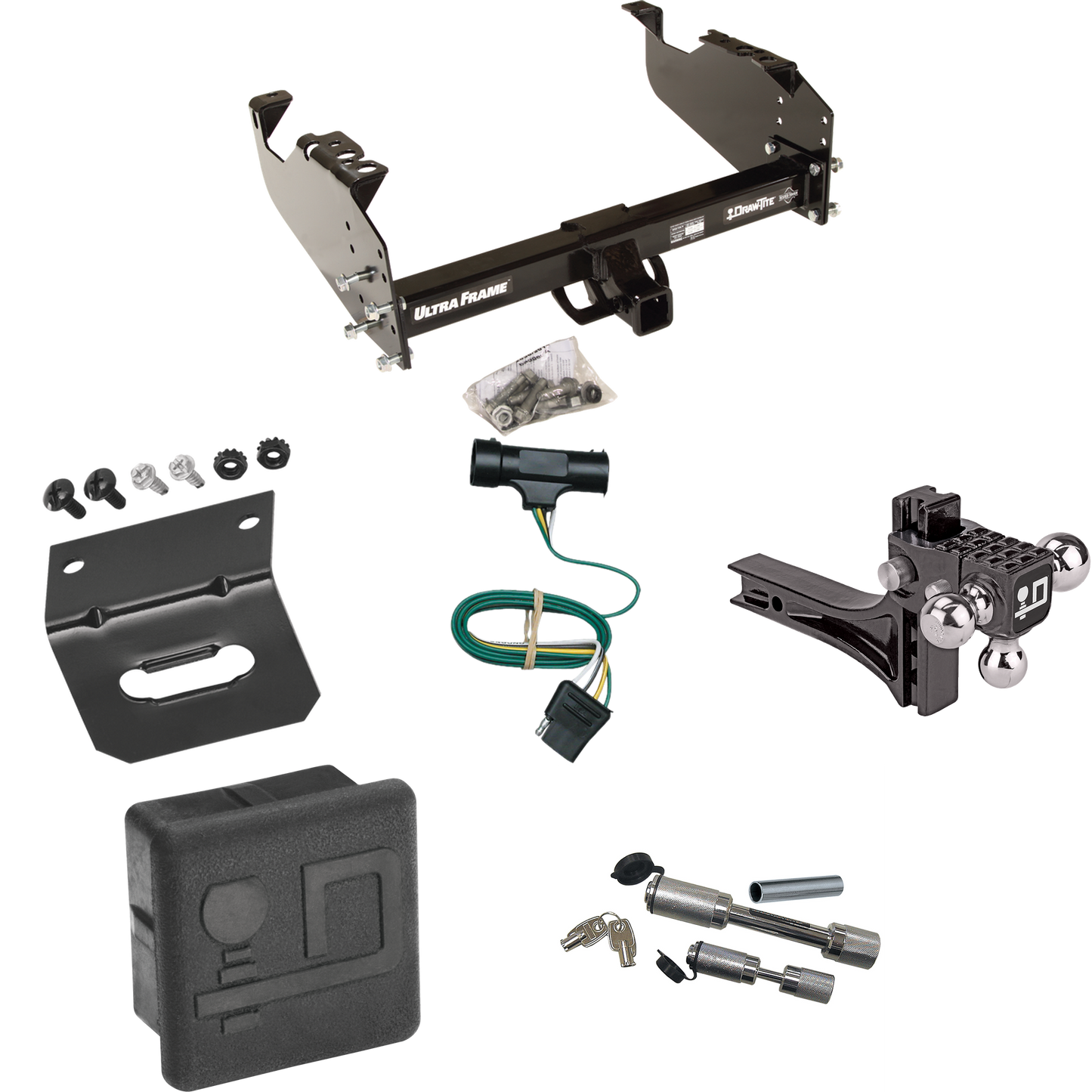 Fits 1968-1974 GMC K35 Trailer Hitch Tow PKG w/ 4-Flat Wiring Harness + Adjustable Drop Rise Triple Ball Ball Mount 1-7/8" & 2" & 2-5/16" Trailer Balls + Dual Hitch & Coupler Locks + Hitch Cover + Wiring Bracket By Draw-Tite