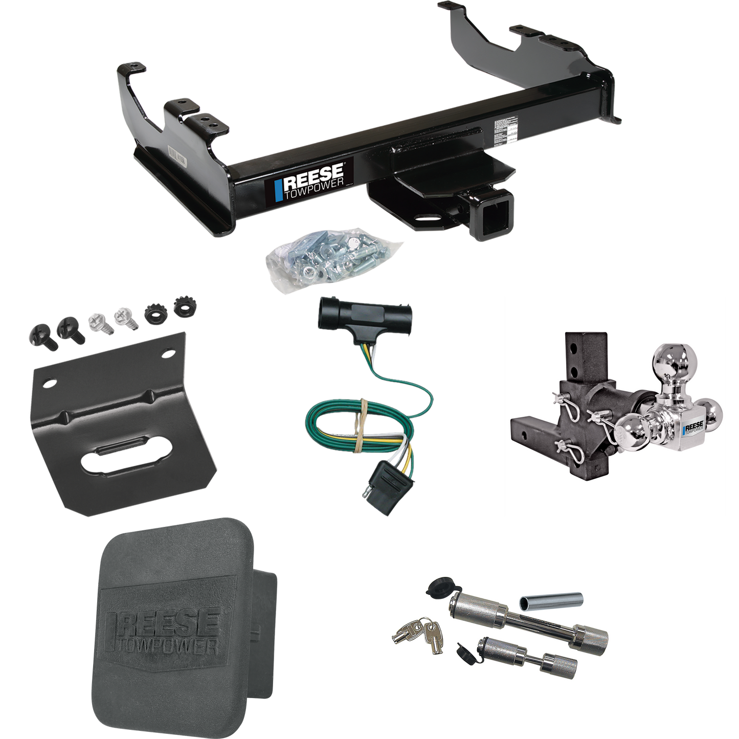 Fits 1979-1984 GMC C3500 Trailer Hitch Tow PKG w/ 4-Flat Wiring Harness + Adjustable Drop Rise Triple Ball Ball Mount 1-7/8" & 2" & 2-5/16" Trailer Balls + Dual Hitch & Coupler Locks + Hitch Cover + Wiring Bracket By Reese Towpower