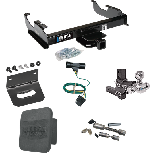 Fits 1979-1984 GMC C3500 Trailer Hitch Tow PKG w/ 4-Flat Wiring Harness + Adjustable Drop Rise Triple Ball Ball Mount 1-7/8" & 2" & 2-5/16" Trailer Balls + Dual Hitch & Coupler Locks + Hitch Cover + Wiring Bracket By Reese Towpower