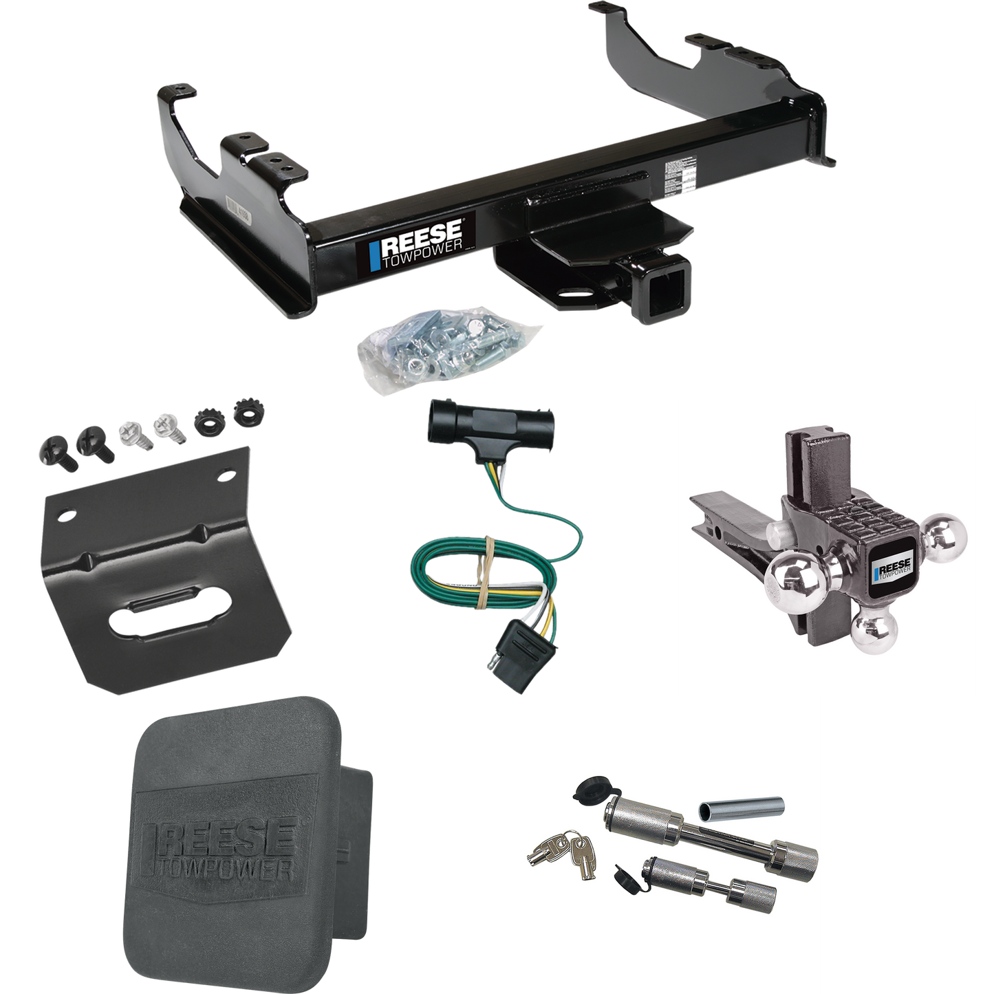 Fits 1977-1984 Chevrolet K30 Trailer Hitch Tow PKG w/ 4-Flat Wiring Harness + Adjustable Drop Rise Triple Ball Ball Mount 1-7/8" & 2" & 2-5/16" Trailer Balls + Dual Hitch & Coupler Locks + Hitch Cover + Wiring Bracket By Reese Towpower