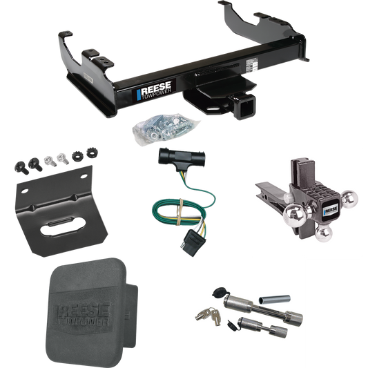 Fits 1977-1984 Chevrolet K30 Trailer Hitch Tow PKG w/ 4-Flat Wiring Harness + Adjustable Drop Rise Triple Ball Ball Mount 1-7/8" & 2" & 2-5/16" Trailer Balls + Dual Hitch & Coupler Locks + Hitch Cover + Wiring Bracket By Reese Towpower