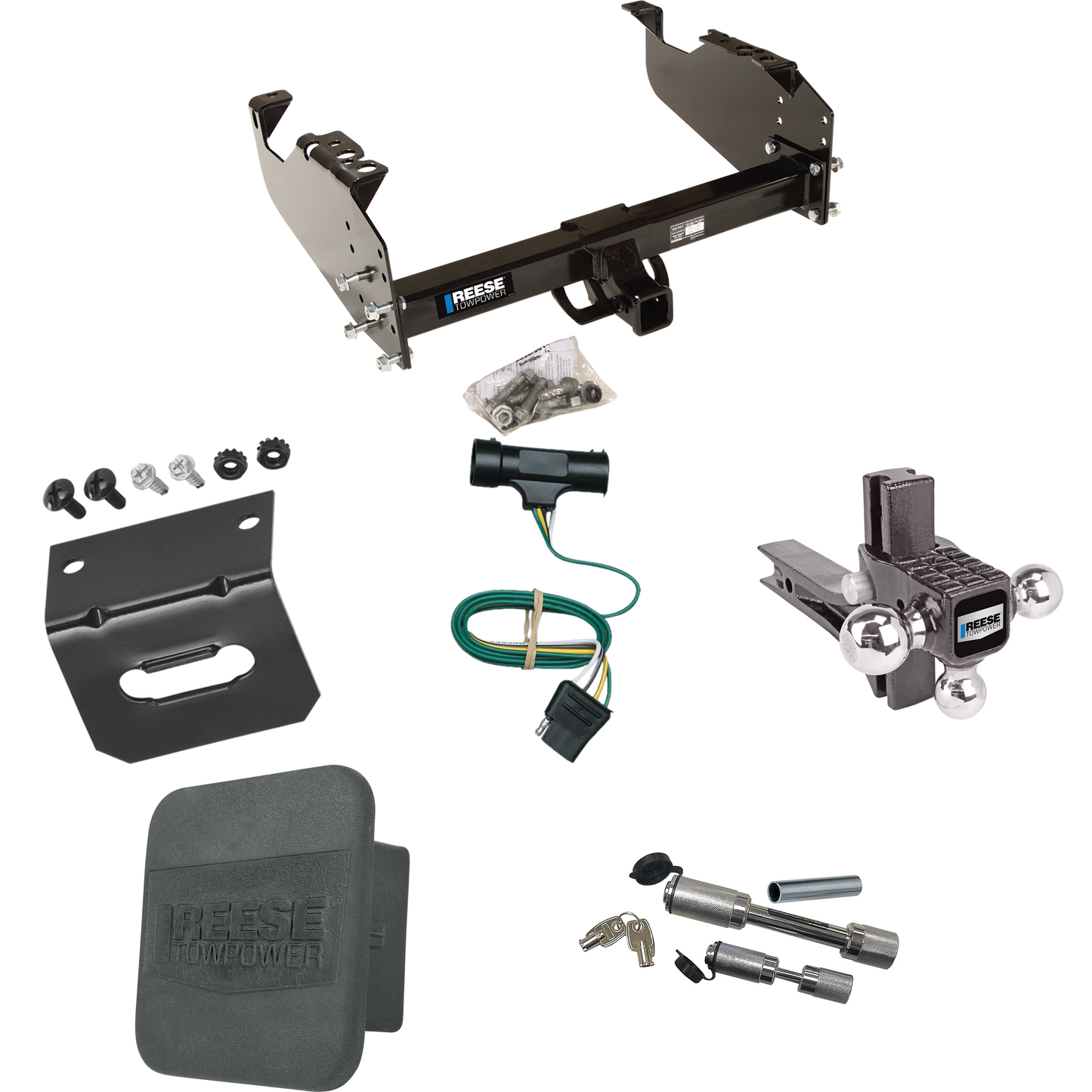 Fits 1979-1984 GMC K2500 Trailer Hitch Tow PKG w/ 4-Flat Wiring Harness + Adjustable Drop Rise Triple Ball Ball Mount 1-7/8" & 2" & 2-5/16" Trailer Balls + Dual Hitch & Coupler Locks + Hitch Cover + Wiring Bracket By Reese Towpower