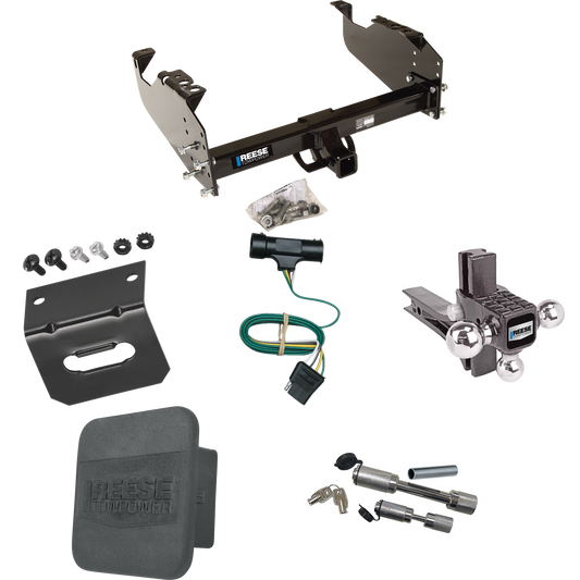 Fits 1979-1984 GMC K2500 Trailer Hitch Tow PKG w/ 4-Flat Wiring Harness + Adjustable Drop Rise Triple Ball Ball Mount 1-7/8" & 2" & 2-5/16" Trailer Balls + Dual Hitch & Coupler Locks + Hitch Cover + Wiring Bracket By Reese Towpower