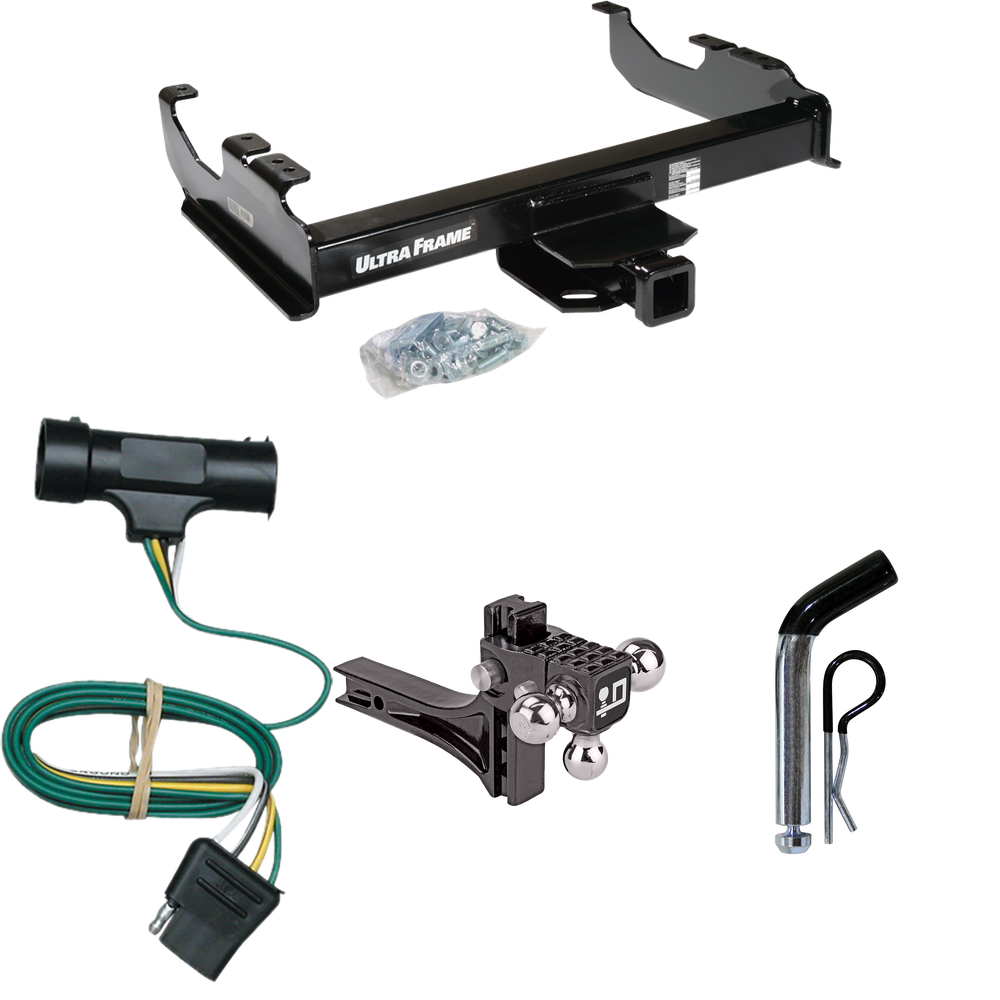 Fits 1973-1974 Chevrolet K30 Trailer Hitch Tow PKG w/ 4-Flat Wiring Harness + Adjustable Drop Rise Triple Ball Ball Mount 1-7/8" & 2" & 2-5/16" Trailer Balls + Pin/Clip By Draw-Tite