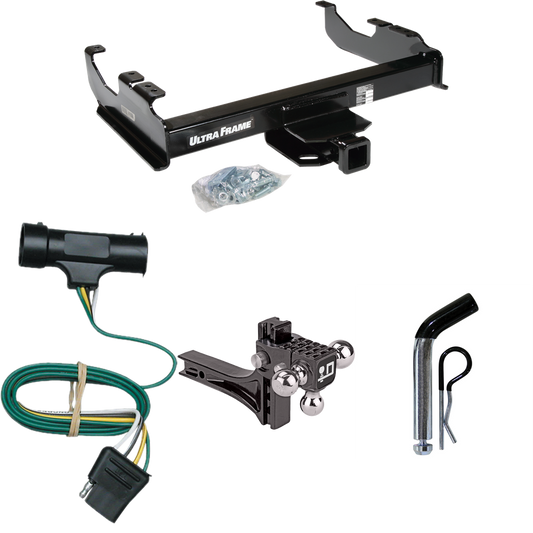 Fits 1973-1974 Chevrolet K30 Trailer Hitch Tow PKG w/ 4-Flat Wiring Harness + Adjustable Drop Rise Triple Ball Ball Mount 1-7/8" & 2" & 2-5/16" Trailer Balls + Pin/Clip By Draw-Tite