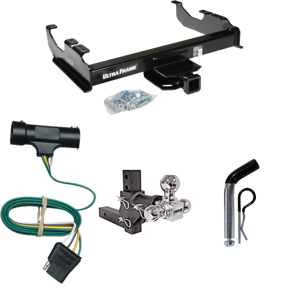 Fits 1977-1984 Chevrolet K30 Trailer Hitch Tow PKG w/ 4-Flat Wiring Harness + Adjustable Drop Rise Triple Ball Ball Mount 1-7/8" & 2" & 2-5/16" Trailer Balls + Pin/Clip By Draw-Tite