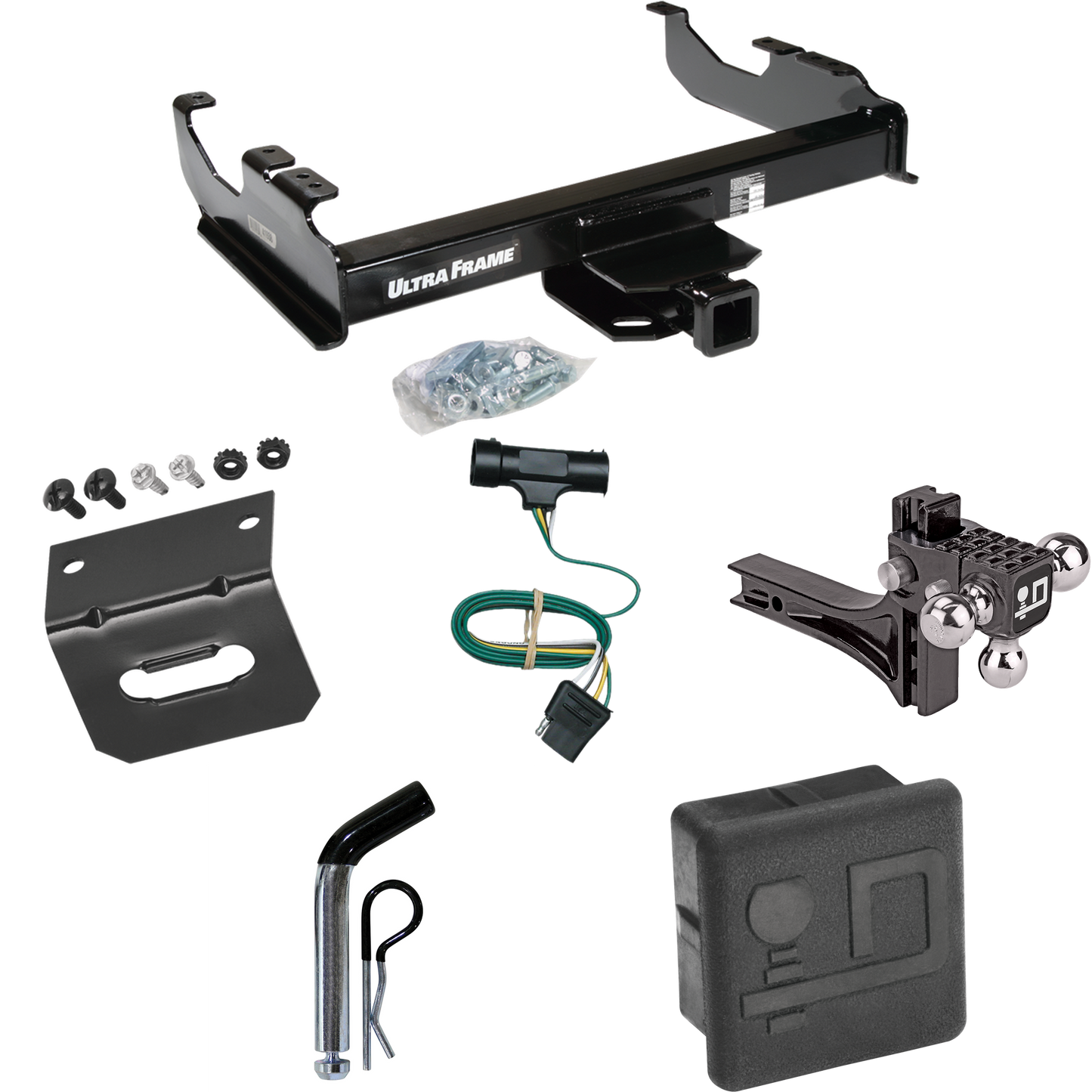 Fits 1973-1984 Chevrolet C30 Trailer Hitch Tow PKG w/ 4-Flat Wiring Harness + Adjustable Drop Rise Triple Ball Ball Mount 1-7/8" & 2" & 2-5/16" Trailer Balls + Pin/Clip + Hitch Cover + Wiring Bracket By Draw-Tite