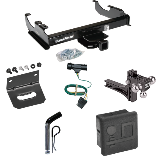 Fits 1973-1984 Chevrolet C30 Trailer Hitch Tow PKG w/ 4-Flat Wiring Harness + Adjustable Drop Rise Triple Ball Ball Mount 1-7/8" & 2" & 2-5/16" Trailer Balls + Pin/Clip + Hitch Cover + Wiring Bracket By Draw-Tite