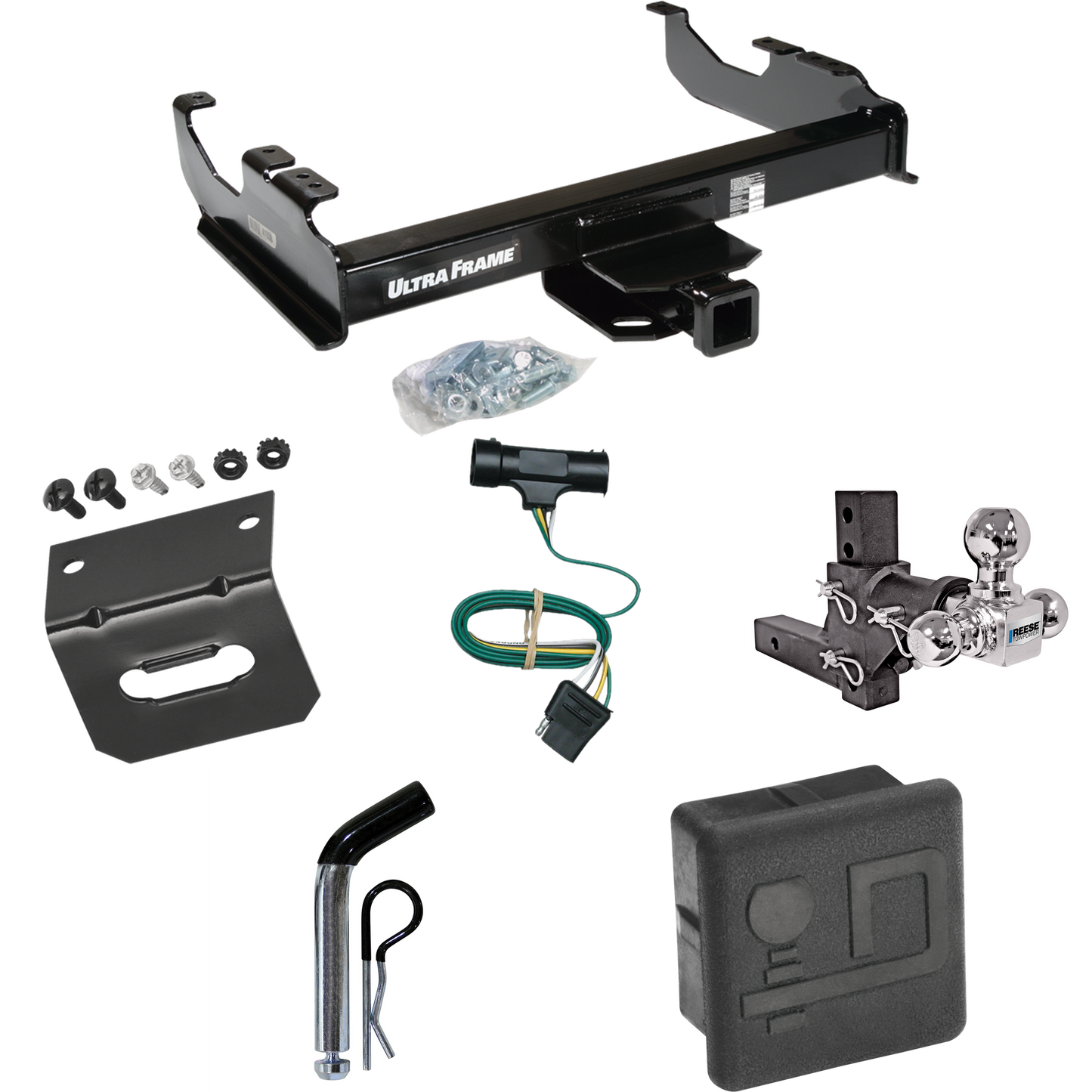 Fits 1979-1984 GMC K1500 Trailer Hitch Tow PKG w/ 4-Flat Wiring Harness + Adjustable Drop Rise Triple Ball Ball Mount 1-7/8" & 2" & 2-5/16" Trailer Balls + Pin/Clip + Hitch Cover + Wiring Bracket By Draw-Tite