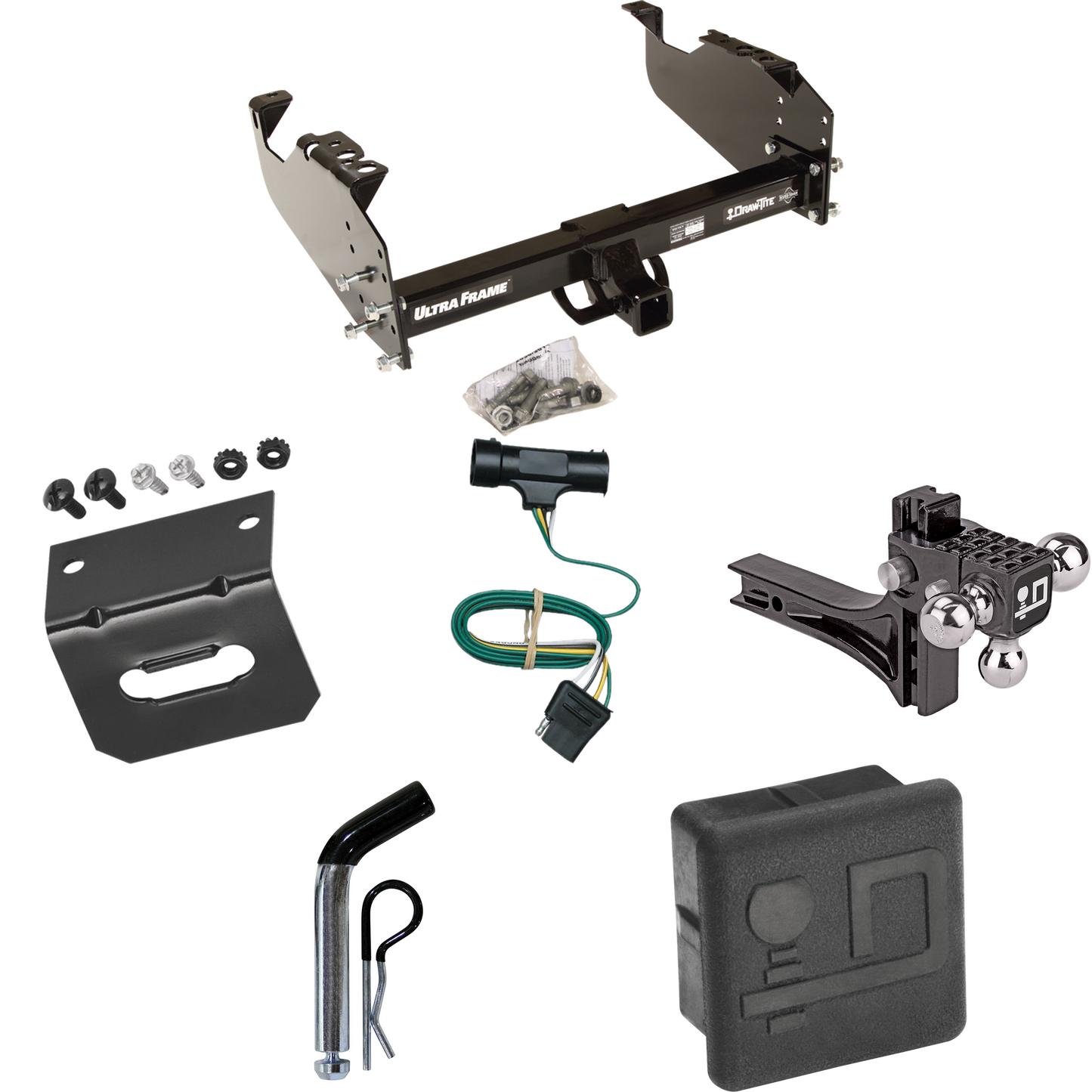 Fits 1977-1978 GMC K35 Trailer Hitch Tow PKG w/ 4-Flat Wiring Harness + Adjustable Drop Rise Triple Ball Ball Mount 1-7/8" & 2" & 2-5/16" Trailer Balls + Pin/Clip + Hitch Cover + Wiring Bracket By Draw-Tite