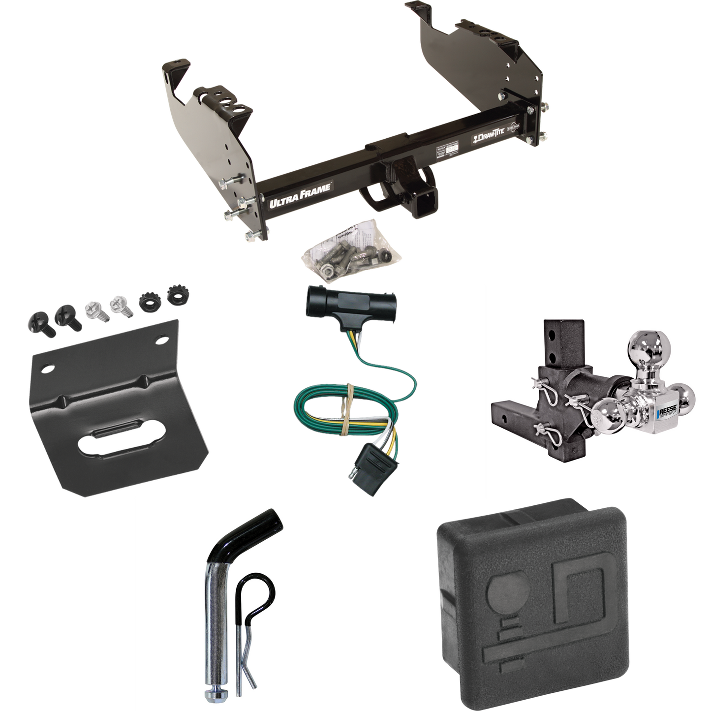 Fits 1973-1974 Chevrolet K30 Trailer Hitch Tow PKG w/ 4-Flat Wiring Harness + Adjustable Drop Rise Triple Ball Ball Mount 1-7/8" & 2" & 2-5/16" Trailer Balls + Pin/Clip + Hitch Cover + Wiring Bracket By Draw-Tite