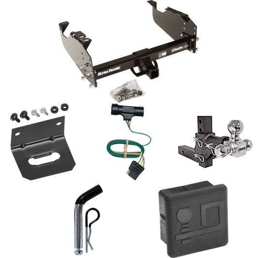 Fits 1973-1974 Chevrolet K30 Trailer Hitch Tow PKG w/ 4-Flat Wiring Harness + Adjustable Drop Rise Triple Ball Ball Mount 1-7/8" & 2" & 2-5/16" Trailer Balls + Pin/Clip + Hitch Cover + Wiring Bracket By Draw-Tite