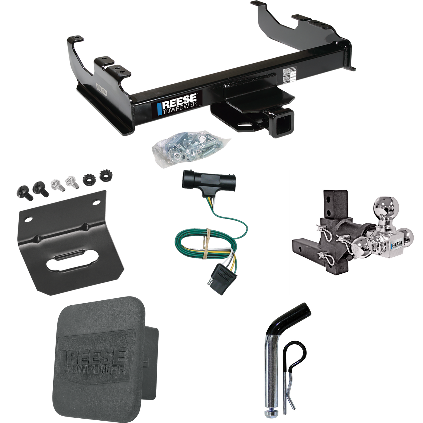 Fits 1979-1984 GMC K2500 Trailer Hitch Tow PKG w/ 4-Flat Wiring Harness + Adjustable Drop Rise Triple Ball Ball Mount 1-7/8" & 2" & 2-5/16" Trailer Balls + Pin/Clip + Hitch Cover + Wiring Bracket By Reese Towpower