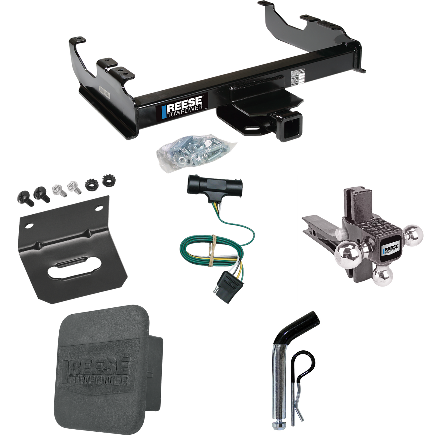 Fits 1973-1984 Chevrolet C30 Trailer Hitch Tow PKG w/ 4-Flat Wiring Harness + Adjustable Drop Rise Triple Ball Ball Mount 1-7/8" & 2" & 2-5/16" Trailer Balls + Pin/Clip + Hitch Cover + Wiring Bracket By Reese Towpower