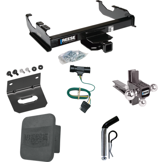 Fits 1973-1984 Chevrolet C30 Trailer Hitch Tow PKG w/ 4-Flat Wiring Harness + Adjustable Drop Rise Triple Ball Ball Mount 1-7/8" & 2" & 2-5/16" Trailer Balls + Pin/Clip + Hitch Cover + Wiring Bracket By Reese Towpower