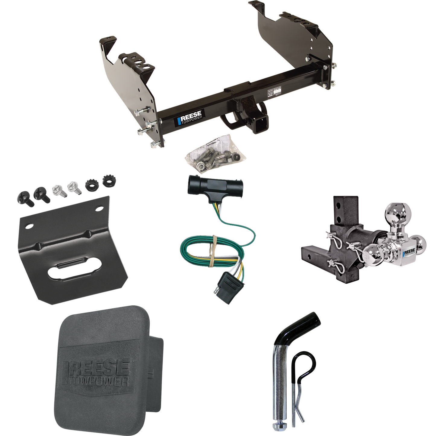 Fits 1979-1984 GMC K3500 Trailer Hitch Tow PKG w/ 4-Flat Wiring Harness + Adjustable Drop Rise Triple Ball Ball Mount 1-7/8" & 2" & 2-5/16" Trailer Balls + Pin/Clip + Hitch Cover + Wiring Bracket By Reese Towpower