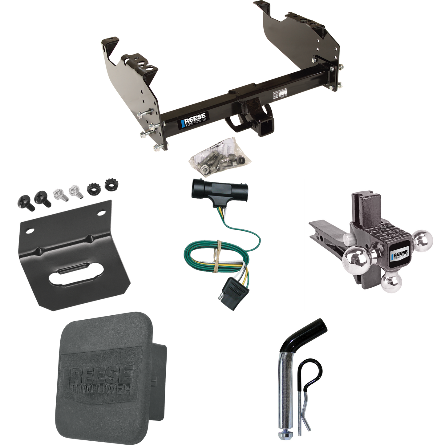 Fits 1973-1984 Chevrolet K10 Trailer Hitch Tow PKG w/ 4-Flat Wiring Harness + Adjustable Drop Rise Triple Ball Ball Mount 1-7/8" & 2" & 2-5/16" Trailer Balls + Pin/Clip + Hitch Cover + Wiring Bracket By Reese Towpower