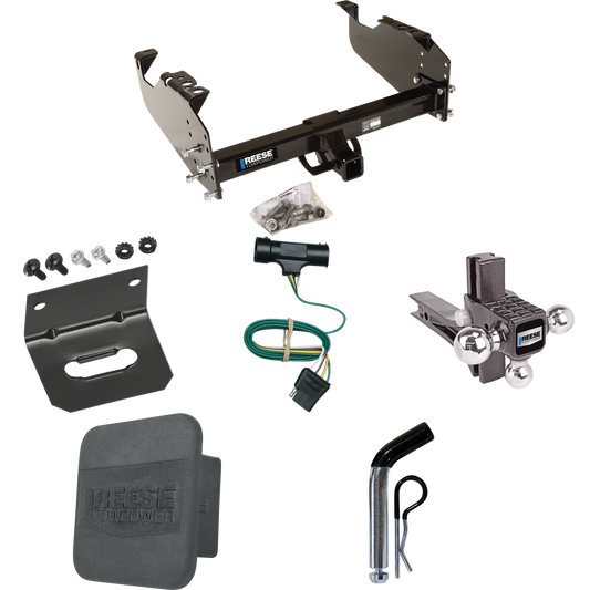 Fits 1973-1984 Chevrolet K10 Trailer Hitch Tow PKG w/ 4-Flat Wiring Harness + Adjustable Drop Rise Triple Ball Ball Mount 1-7/8" & 2" & 2-5/16" Trailer Balls + Pin/Clip + Hitch Cover + Wiring Bracket By Reese Towpower