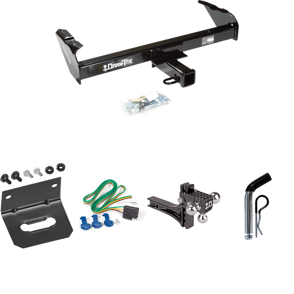 Fits 1985-1986 GMC C2500 Trailer Hitch Tow PKG w/ 4-Flat Wiring Harness + Adjustable Drop Rise Triple Ball Ball Mount 1-7/8" & 2" & 2-5/16" Trailer Balls + Pin/Clip + Wiring Bracket By Draw-Tite