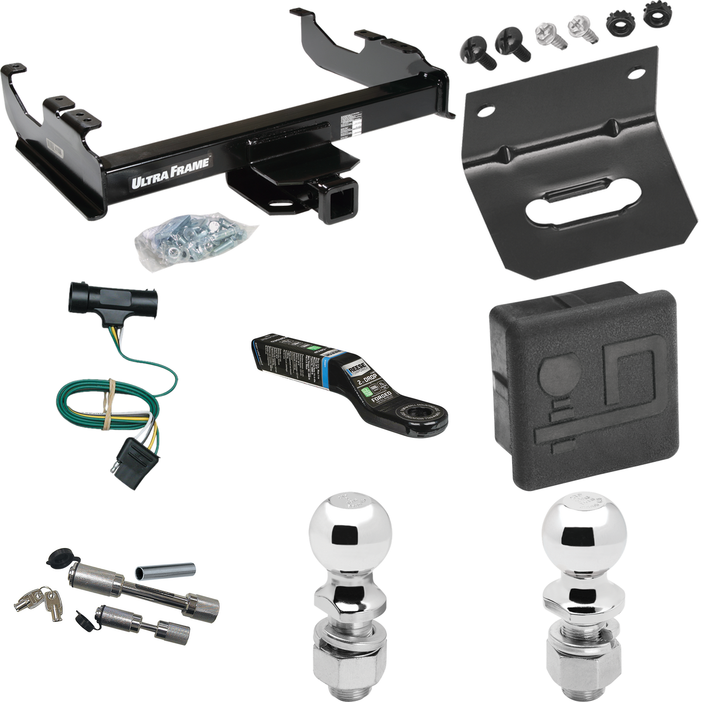 Fits 1973-1984 Chevrolet K10 Trailer Hitch Tow PKG w/ 4-Flat Wiring Harness + Ball Mount w/ 2" Drop + Dual Hitch & Coupler Locks + 2" Ball + 2-5/16" Ball + Hitch Cover + Wiring Bracket By Draw-Tite