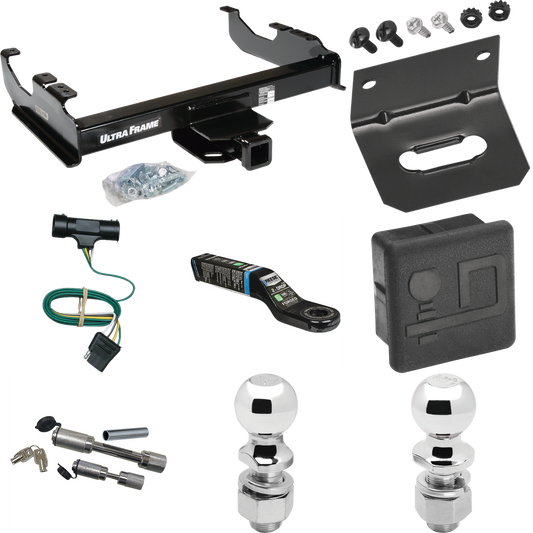 Fits 1973-1984 Chevrolet K10 Trailer Hitch Tow PKG w/ 4-Flat Wiring Harness + Ball Mount w/ 2" Drop + Dual Hitch & Coupler Locks + 2" Ball + 2-5/16" Ball + Hitch Cover + Wiring Bracket By Draw-Tite