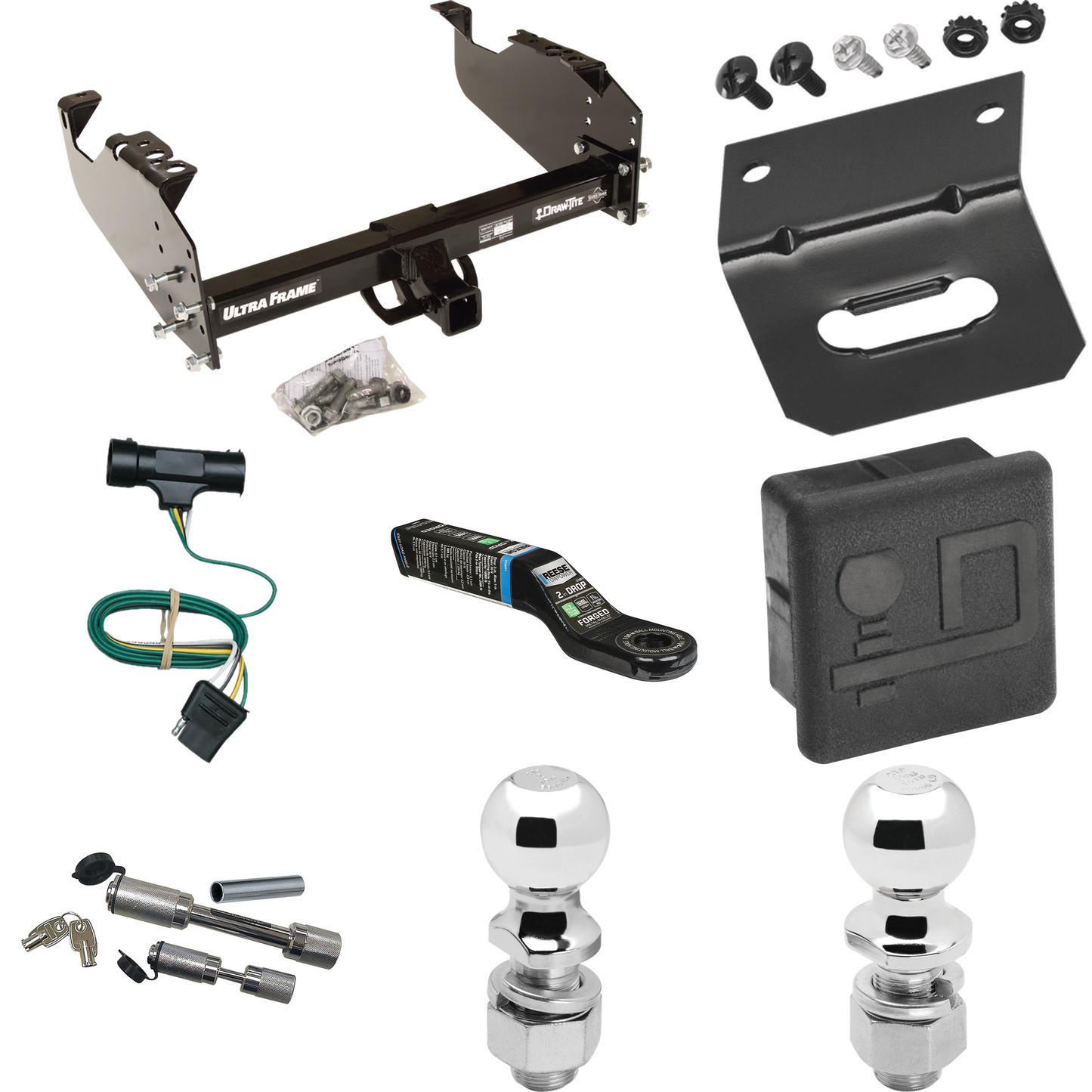 Fits 1979-1984 GMC C1500 Trailer Hitch Tow PKG w/ 4-Flat Wiring Harness + Ball Mount w/ 2" Drop + Dual Hitch & Coupler Locks + 2" Ball + 2-5/16" Ball + Hitch Cover + Wiring Bracket By Draw-Tite