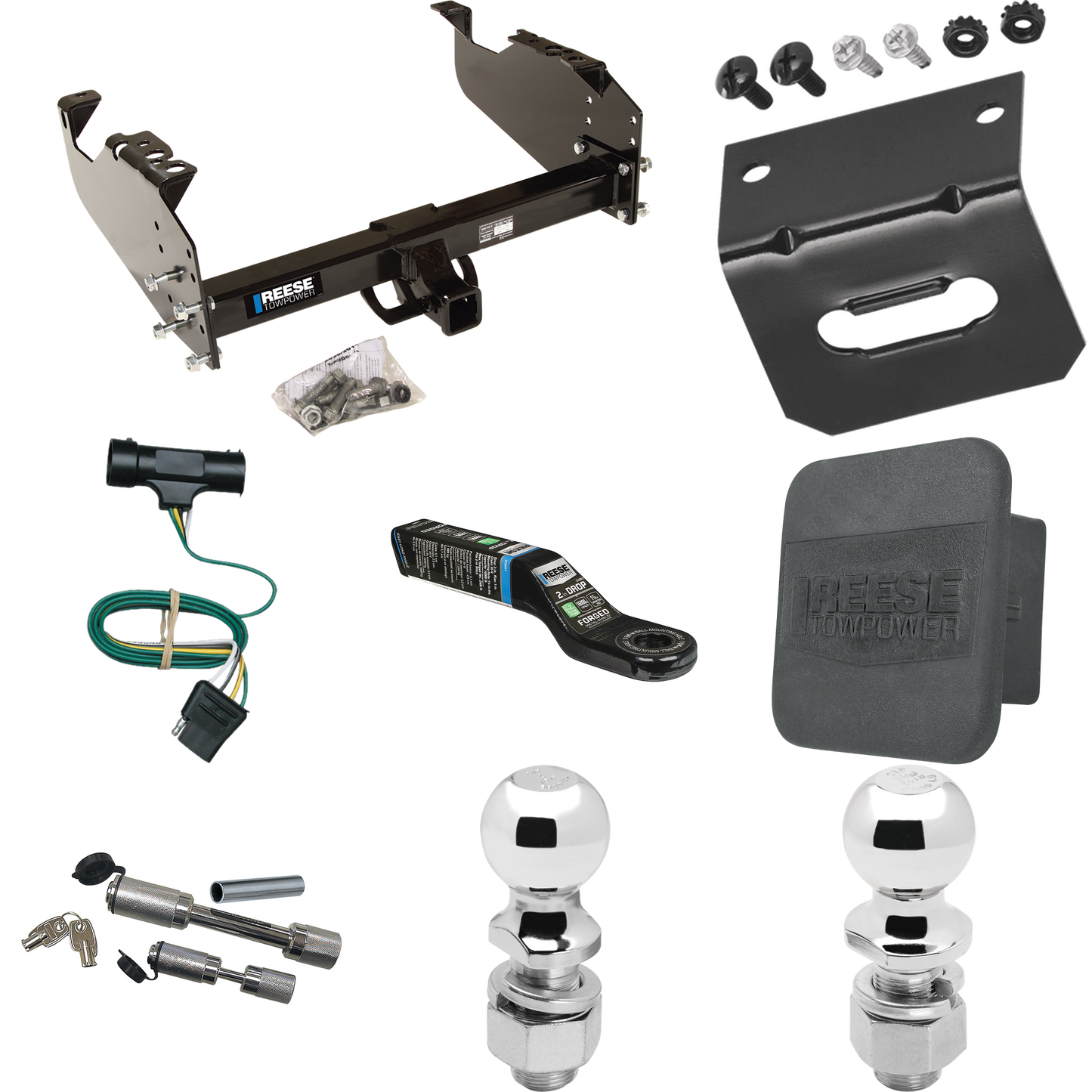 Fits 1973-1984 Chevrolet C30 Trailer Hitch Tow PKG w/ 4-Flat Wiring Harness + Ball Mount w/ 2" Drop + Dual Hitch & Coupler Locks + 2" Ball + 2-5/16" Ball + Hitch Cover + Wiring Bracket By Reese Towpower