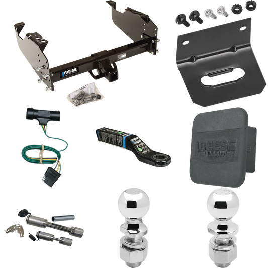 Fits 1973-1984 Chevrolet C30 Trailer Hitch Tow PKG w/ 4-Flat Wiring Harness + Ball Mount w/ 2" Drop + Dual Hitch & Coupler Locks + 2" Ball + 2-5/16" Ball + Hitch Cover + Wiring Bracket By Reese Towpower