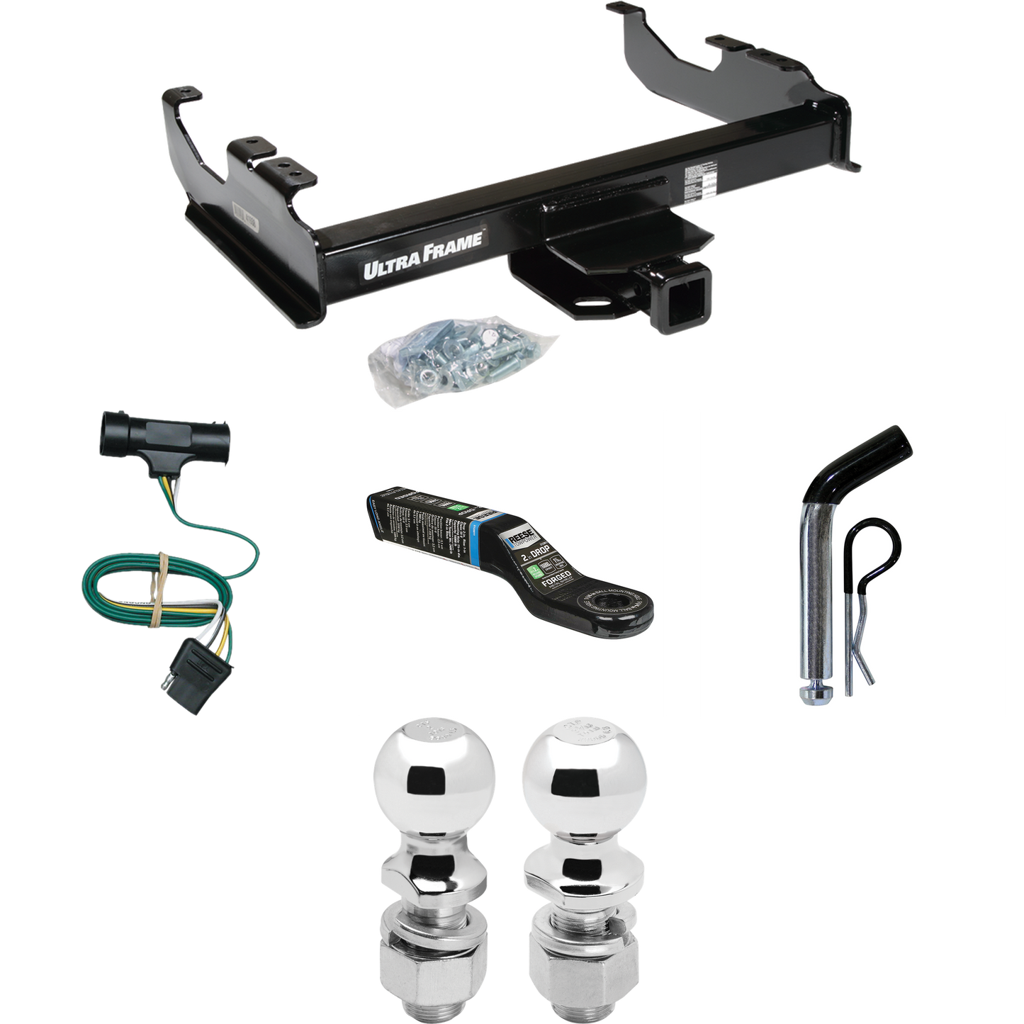 Fits 1973-1984 Chevrolet C30 Trailer Hitch Tow PKG w/ 4-Flat Wiring Harness + Ball Mount w/ 2" Drop + Pin/Clip + 2" Ball + 2-5/16" Ball By Draw-Tite