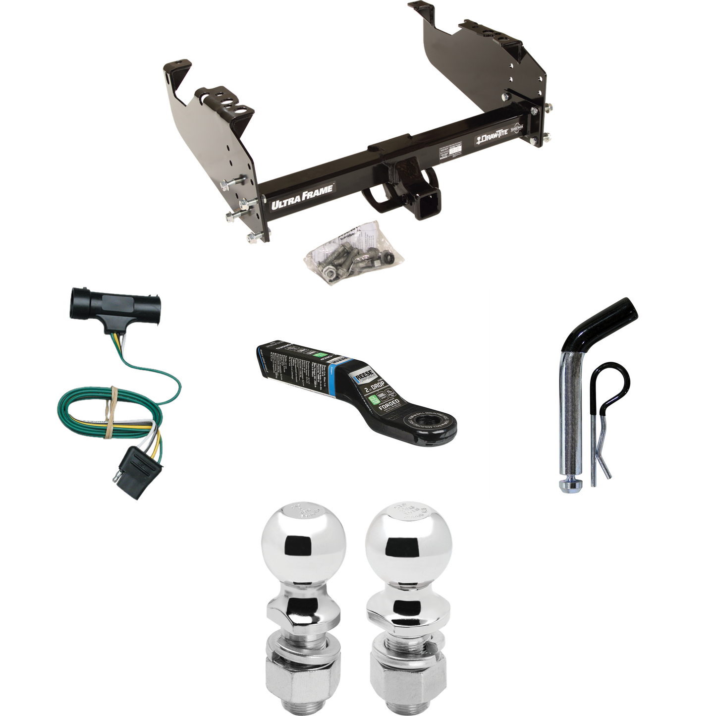 Fits 1973-1974 Chevrolet K30 Trailer Hitch Tow PKG w/ 4-Flat Wiring Harness + Ball Mount w/ 2" Drop + Pin/Clip + 2" Ball + 2-5/16" Ball By Draw-Tite