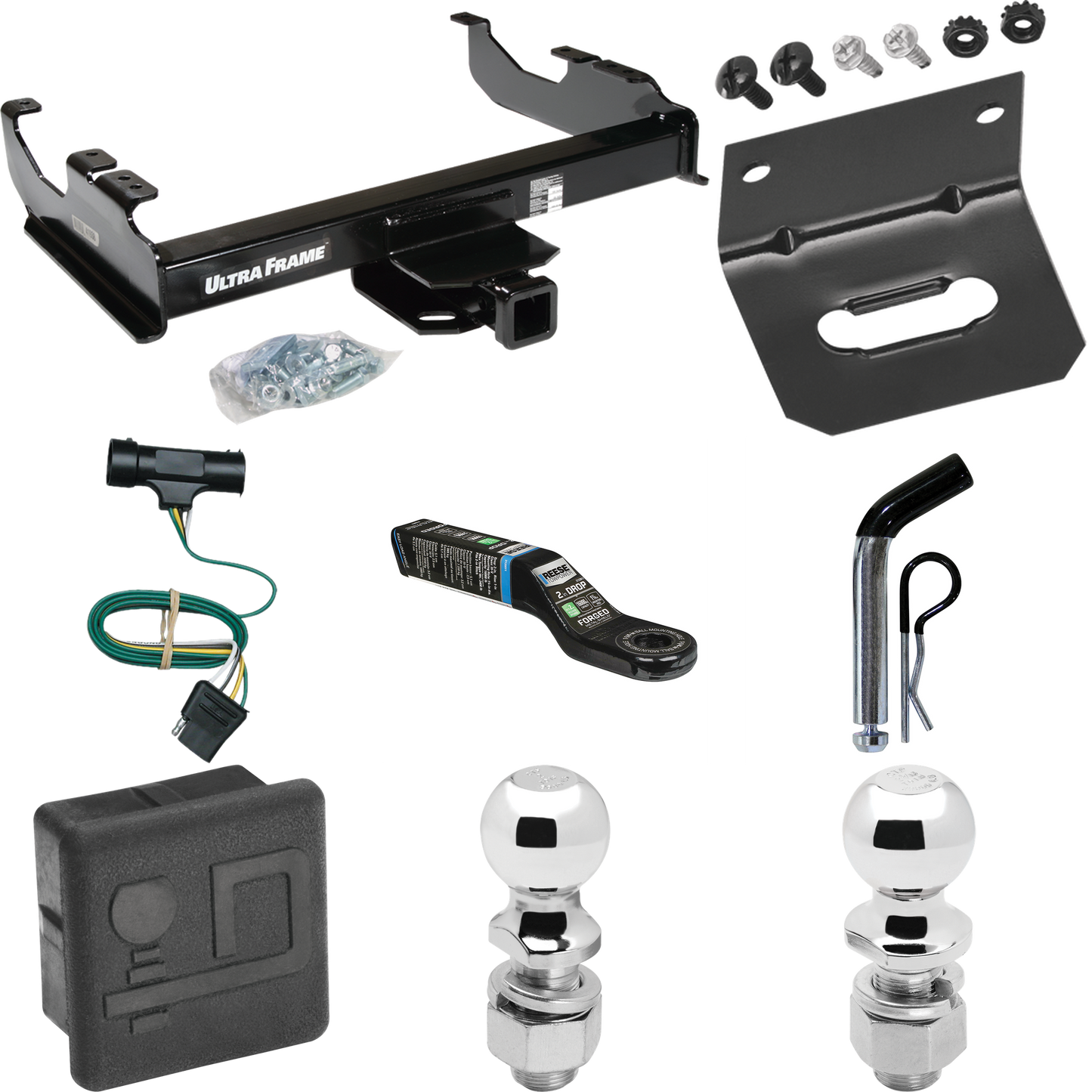 Fits 1975-1978 GMC K15 Trailer Hitch Tow PKG w/ 4-Flat Wiring Harness + Ball Mount w/ 2" Drop + Pin/Clip + 2" Ball + 2-5/16" Ball + Hitch Cover + Wiring Bracket By Draw-Tite