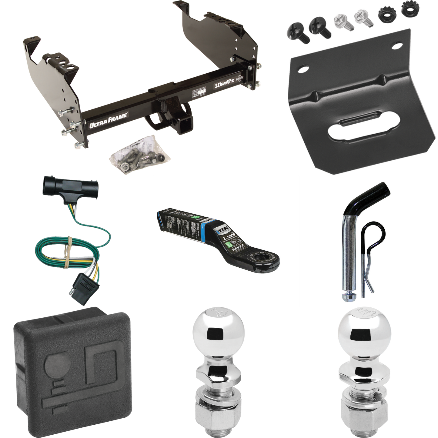 Fits 1977-1978 GMC K35 Trailer Hitch Tow PKG w/ 4-Flat Wiring Harness + Ball Mount w/ 2" Drop + Pin/Clip + 2" Ball + 2-5/16" Ball + Hitch Cover + Wiring Bracket By Draw-Tite