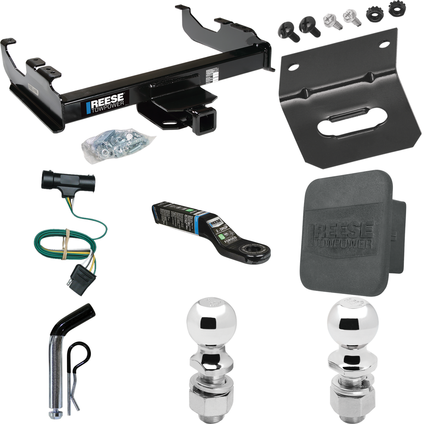 Fits 1975-1978 GMC C15 Trailer Hitch Tow PKG w/ 4-Flat Wiring Harness + Ball Mount w/ 2" Drop + Pin/Clip + 2" Ball + 2-5/16" Ball + Hitch Cover + Wiring Bracket By Reese Towpower